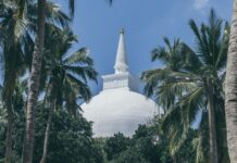 Stupa Mihintale wśród palm na tle błękitnego nieba w Sri Lance